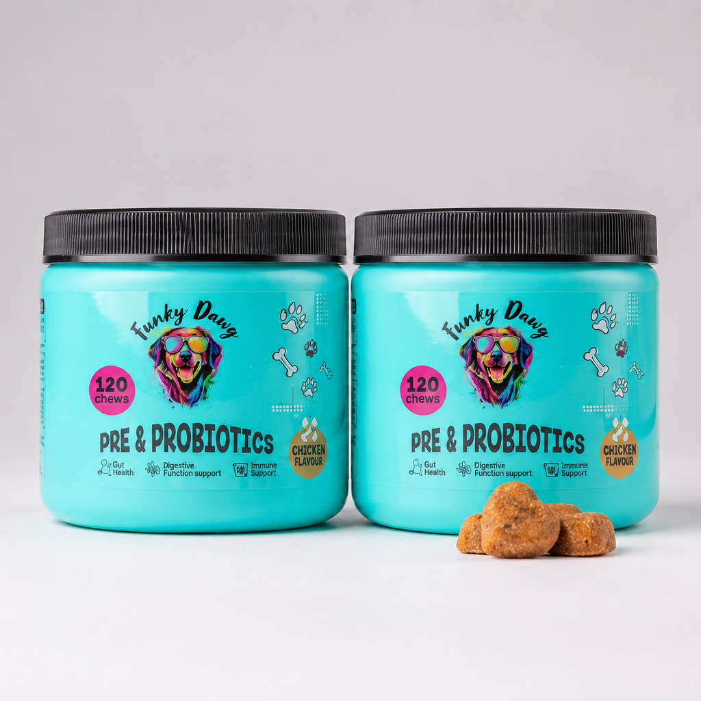 Two turquoise containers of Fucky Ducky pre & probiotics with a small pile of treats on a light gray background.