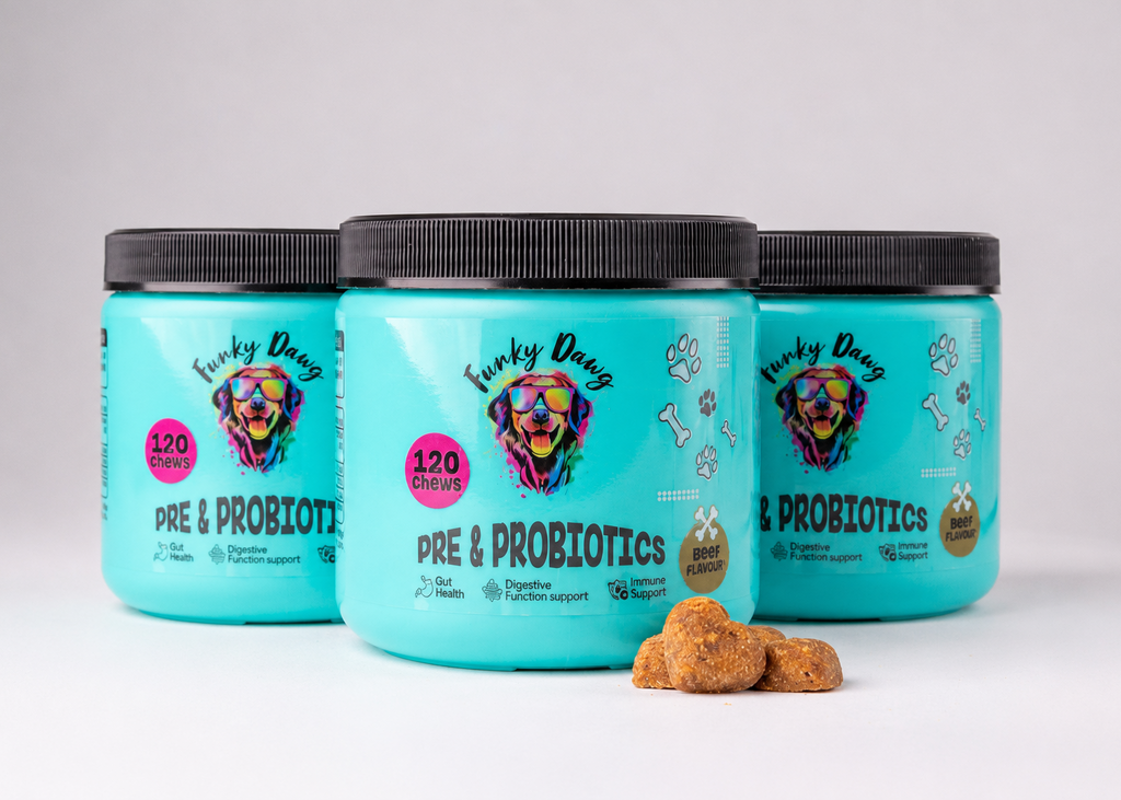 Three jars of  Funky Dawg pre & probiotics with dog treats on a white background