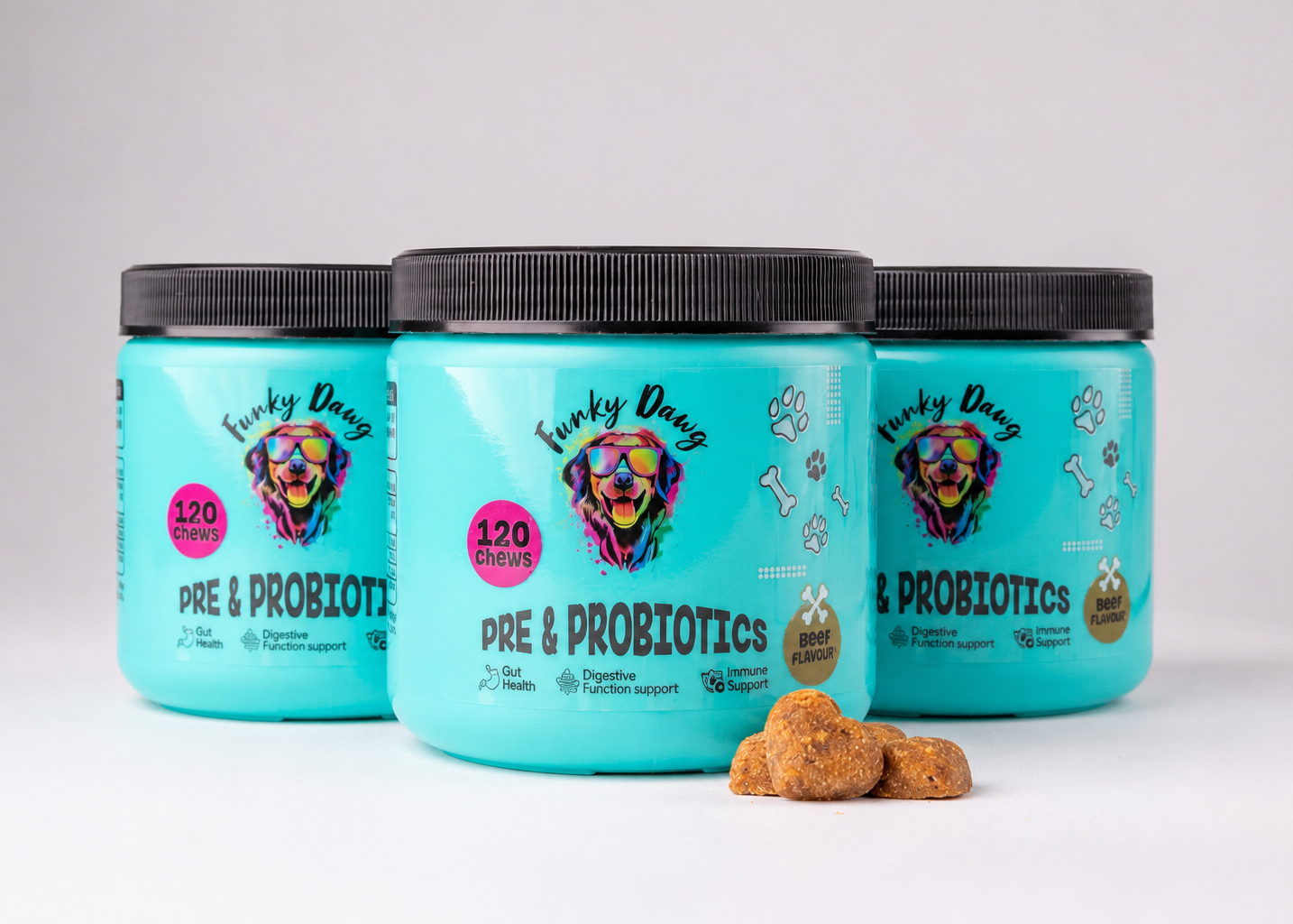 Three jars of  Funky Dawg pre & probiotics with dog treats on a white background