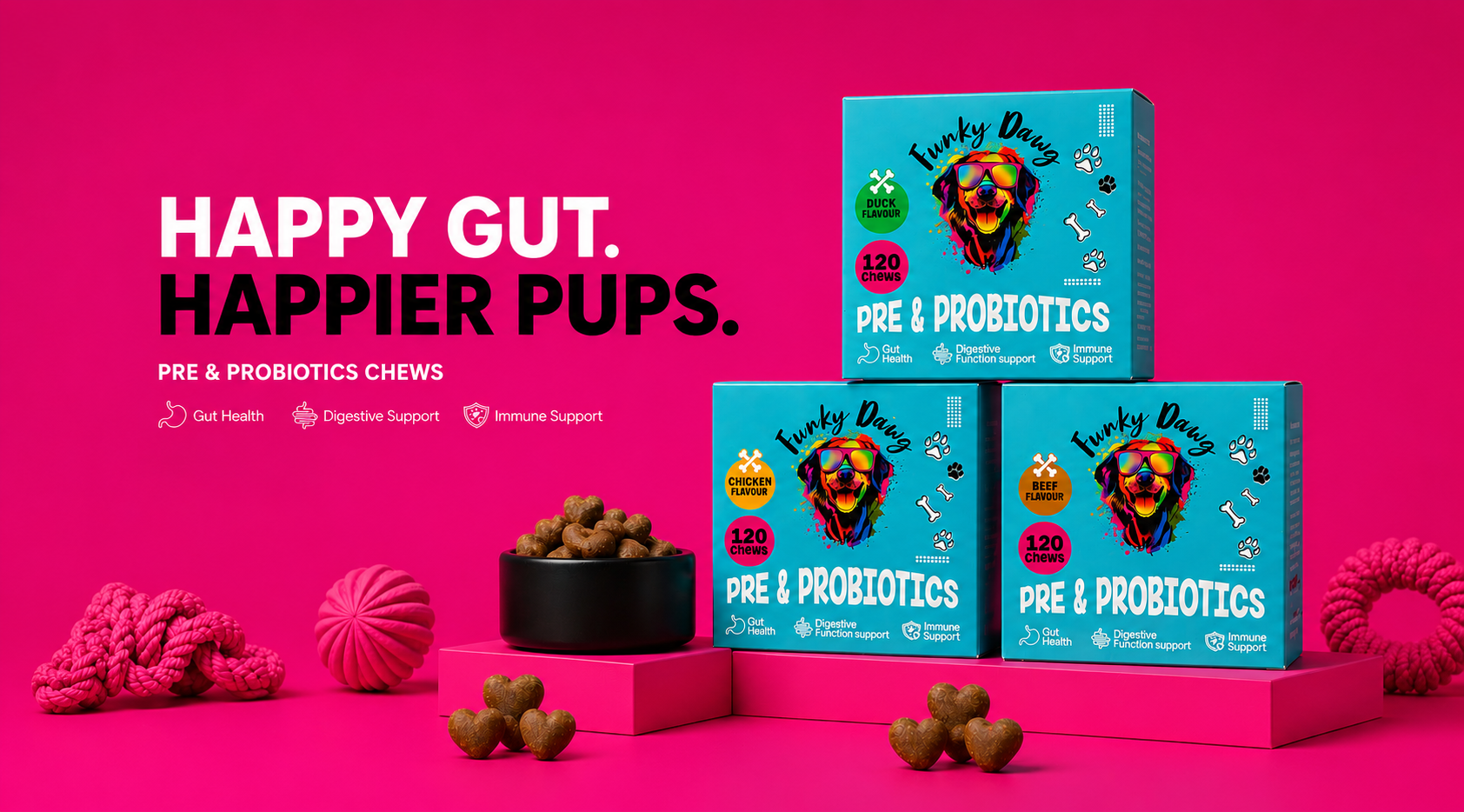 Funky Dawg pre & probiotics chews packaging on a pink background with text 'Happy Gut. Happier Pups.'