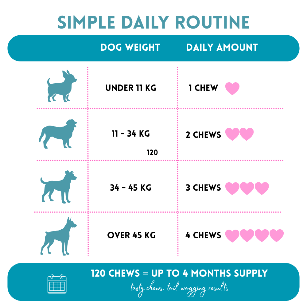 Dog chew consumption chart based on weight with illustrations and heart icons.